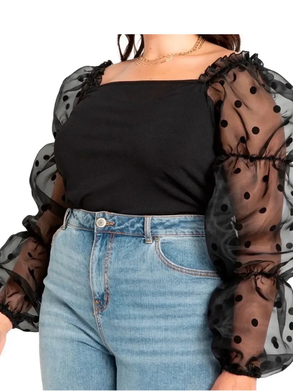 Eloquii Black Sheer Polka-Dot Puff Sleeve Top